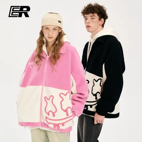 er笑脸logo仿羊羔毛棉服男冬季宽松情侣外套潮牌休闲加厚保暖棉衣图片