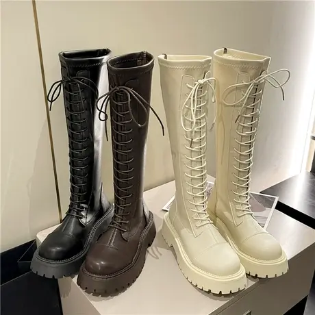 英伦风粗跟长筒靴秋冬季马丁靴骑士靴高筒系带圆头厚底女靴长靴女商品大图