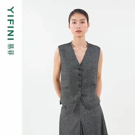 [专柜同款]Yifini/易菲天丝棉麻混纺文艺V领短款马夹百搭外套25秋商品大图