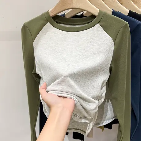 拼接撞色插肩袖长袖T恤女春秋修身百搭小个子短款内搭打底衫上衣图片