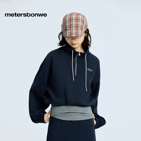美特斯邦威卫衣女2025冬季新款潮流休闲假两件拼接半开立领上衣商品大图