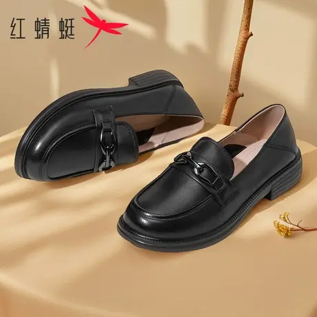 红蜻蜓女鞋秋季一脚蹬不累脚百搭乐福鞋真皮舒适软底休闲小皮鞋女商品大图