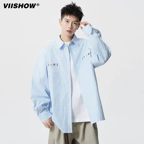 VIISHOW美式刺绣痞帅格子长袖衬衫男女轻薄复古宽松百搭休闲上衣商品大图