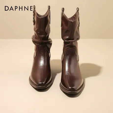 达芙妮棕色短靴女2025新款春秋高跟尖头西部牛仔靴粗跟褶皱堆堆靴商品大图