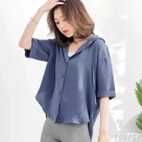 桔熊春夏季休闲舒适连帽五分中袖衬衫宽松轻薄小外套女大码EA1920商品大图