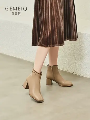 戈美其真皮方头加绒保暖时装靴女2024新款英伦风粗跟单鞋短靴子商品大图