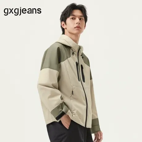 gxg.jeans男装 卡其色撞色户外风时尚连帽夹克外套男士25春秋新品图片