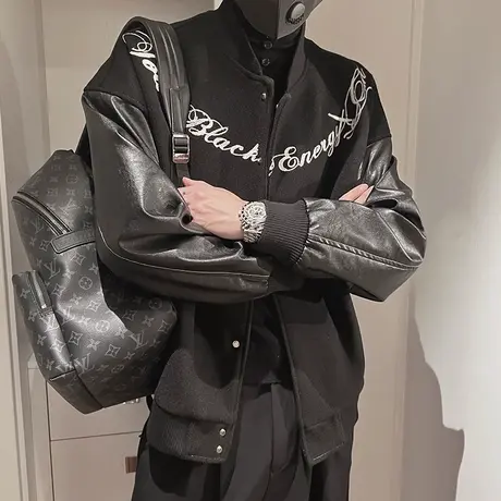 美式棒球服街头嘻哈刺绣字母棒球服外套秋季个性潮流PU皮拼接夹克商品大图