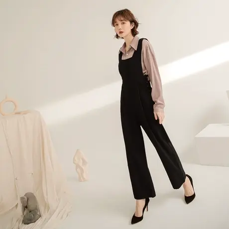 桔熊秋季通勤背带裤子女宽松不易皱纯色方领无袖连身裤大码BA6822图片