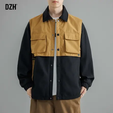 男士假两件工装外套男2023新款秋装高级感设计感上衣拼接翻领夹克商品大图