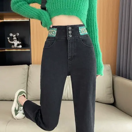 黑色九分直筒牛仔裤女秋冬2023新款高腰撞色加绒小个子法棍烟管裤商品大图