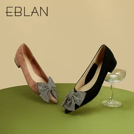 伊伴春季女鞋真皮黑色尖头低跟小皮鞋浅口休闲鞋时尚单鞋女婚鞋商品大图