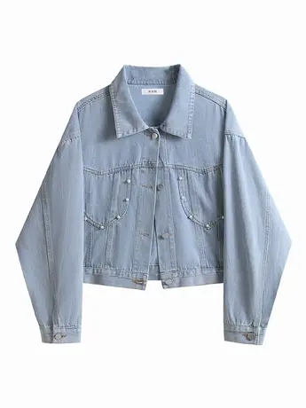 美式复古浅蓝色牛仔外套女宽松秋季新款百搭钉珠夹克设计感上衣潮图片
