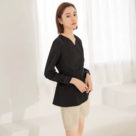 桔熊春秋季通勤复古交叉V领蝴蝶结收腰修身上衣女胖mm大码AB16397图片