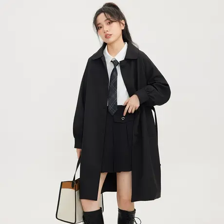 尔给黑色收腰长款娃娃领chic风衣外套女春秋2022新款小个子学院风图片