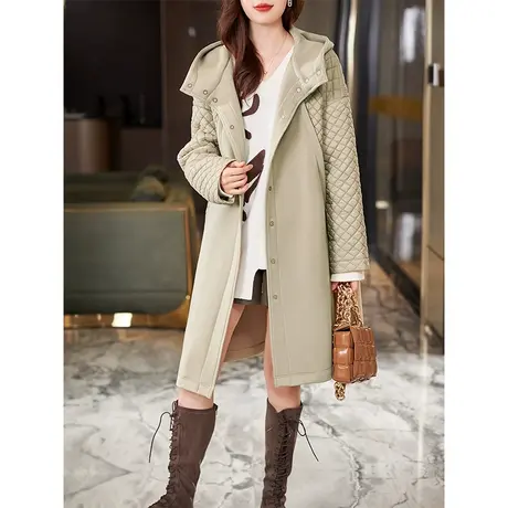 宝诗黎连帽格子拼接中长款开衫外套女2023秋冬季新款宽松休闲大衣商品大图