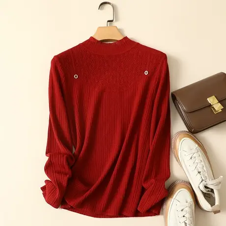 清仓！春装2023年新款蕾丝拼接半高领女士内搭针织显瘦洋气打底衫商品大图