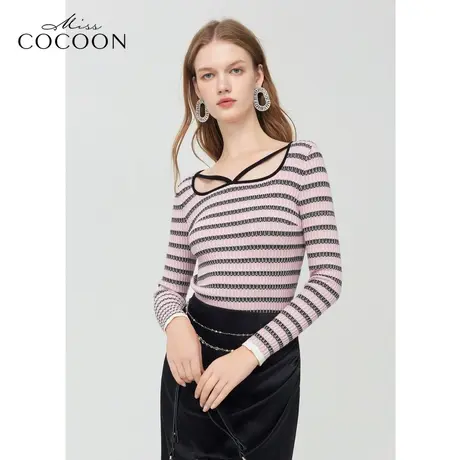 MISSCOCOON撞色条纹上衣24春装新款女修身镂空针织衫图片