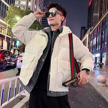 潮牌棉衣冬季2023新款格子拼接假两件棉服外套男宽松加厚冬装棉袄图片