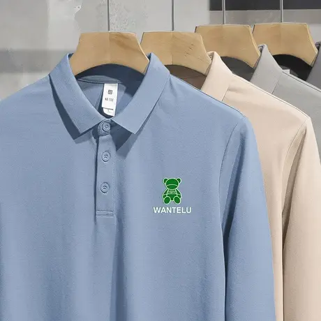 男士长袖珠地棉polo衫保罗翻领t恤2024新款小熊带领打底衫秋衣服商品大图