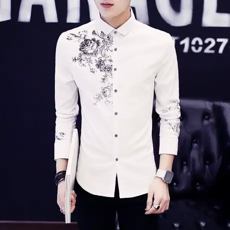 2025春季男士长袖修身白衬衫上衣服韩版帅气衬衣潮流休闲寸衣男装商品大图