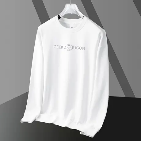 男士卫衣2023秋季新款潮牌小熊圆领无帽上衣加绒加厚白色长袖t恤商品大图