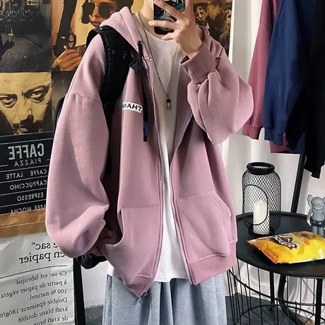 港风外套连帽卫衣男春秋季新款ins潮牌宽松纯色青年潮流开衫上衣商品大图