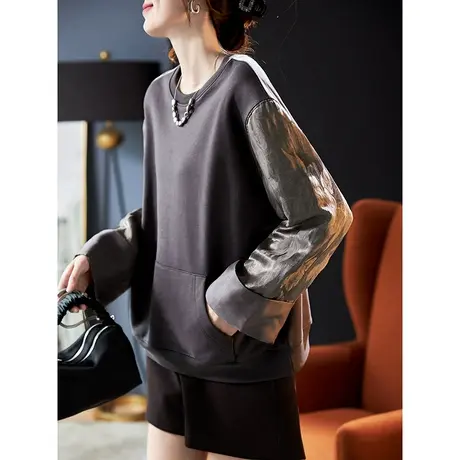 宝诗黎圆领拼接落肩长袖纯棉T恤上衣女春季2024新款口袋百搭卫衣图片