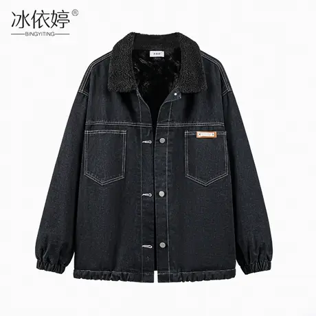清仓加绒牛仔外套女宽松秋冬韩版仿羊羔毛兔绒加厚棉衣明线上衣服商品大图