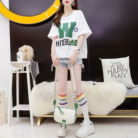 宽松短款小个子短袖T恤女2024新款夏季洋气减龄网红设计感上衣薄商品大图