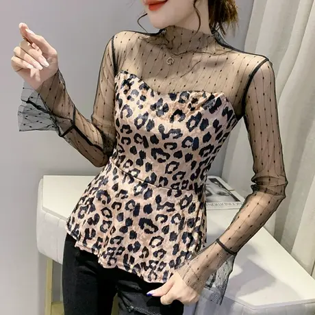 2024春秋新款性感豹纹透视T恤女长袖修身气质上衣显瘦内搭打底衫商品大图