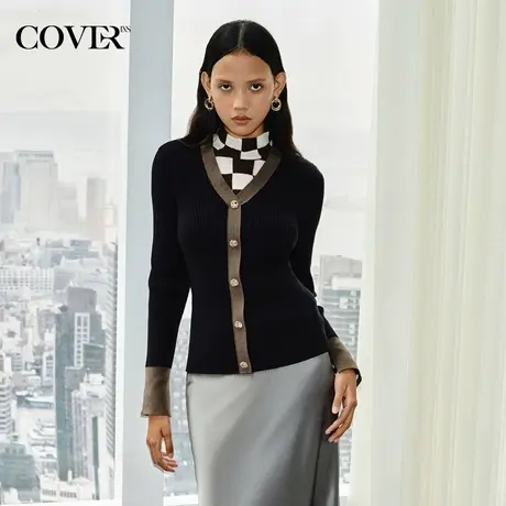 COVER秋季V领金色扣修身毛针织衫商品大图