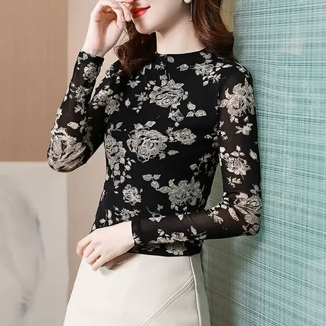 复古印花网纱T恤女长袖洋气修身显瘦上衣加绒加厚半高领打底衫ins商品大图
