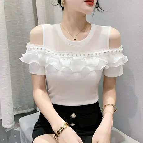 网纱拼接T恤女短袖2024夏季新款洋气木耳边小衫性感露肩心机上衣图片