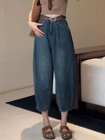 休闲宽松香蕉裤哈伦裤配皮带牛仔裤女深蓝2023夏季小个子萝卜裤潮商品大图