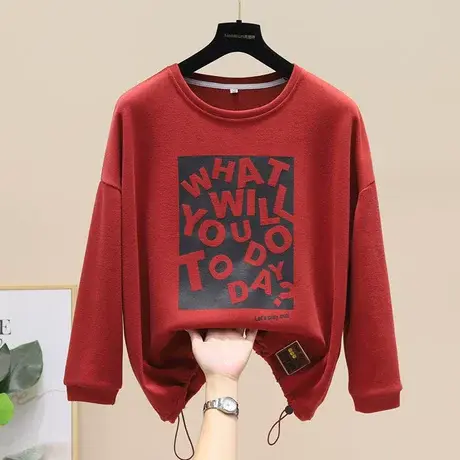 秋装新品字母印花卫衣下摆抽绳宽松文艺百搭休闲遮肉显瘦卫衣外穿商品大图