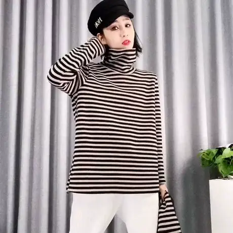 2023秋冬季新款高领加绒条纹卫衣女韩版宽松潮ins加厚上衣外套潮商品大图