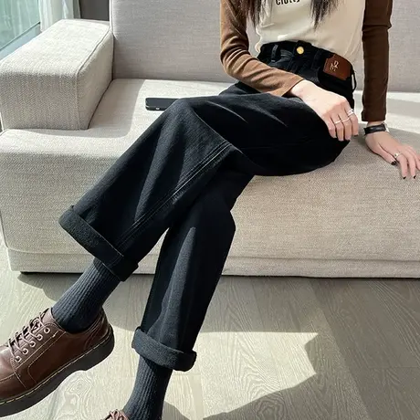 黑色加绒牛仔裤女秋冬季2023新款加厚高腰直筒宽松大码阔腿裤子女商品大图