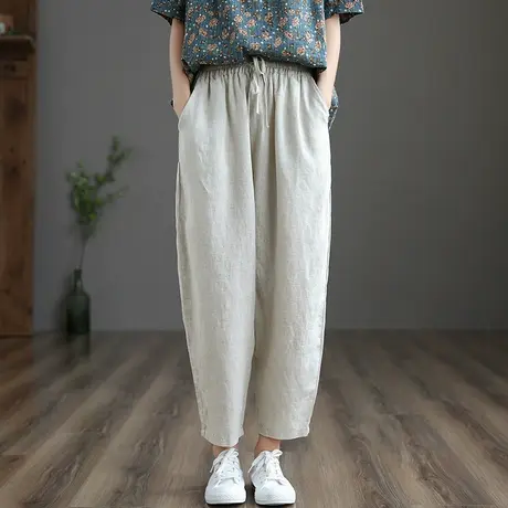 dza 亚麻休闲裤宽松九分裤2023夏季新薄款棉麻萝卜裤子哈伦阔腿裤商品大图