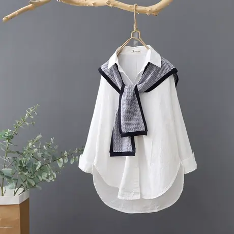 2023秋季新款文艺纯色宽松长袖白衬衫女休闲百搭全棉打底衬衣女装商品大图