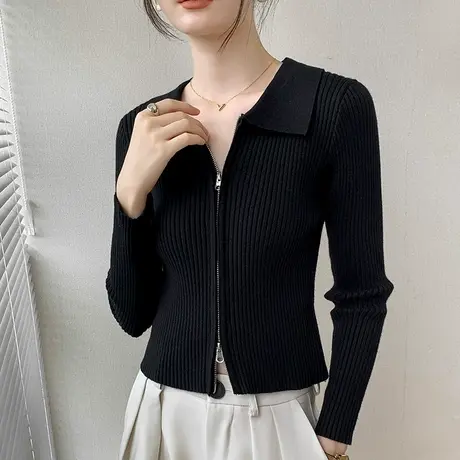 法式翻领拉链毛衣女2025早秋长袖修身内搭外穿针织开衫外套上衣图片