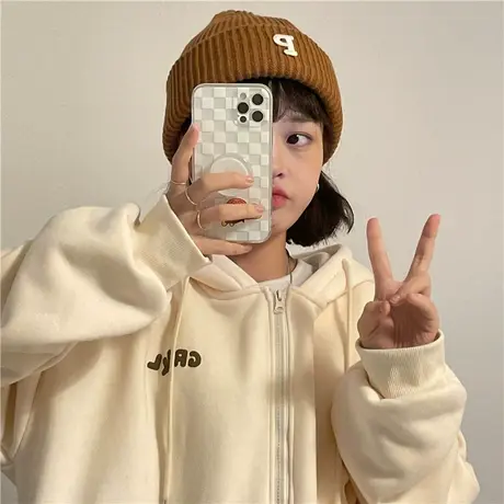 红续奶杏色拉链加绒加厚连帽外套女宽松学院风甜妹小个子卫衣新款商品大图