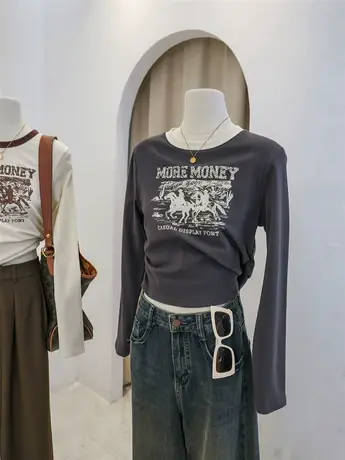 美式复古辣妹印花抽绳长袖t恤女2023早秋款宽松休闲百搭打底上衣图片