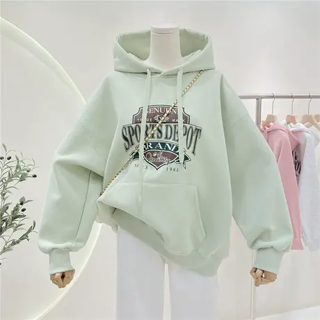 美式复古印花宽松慵懒风连帽卫衣女春秋2023年新款百搭帽衫外套商品大图