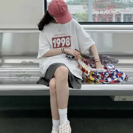 潮牌胖mm200斤短袖t恤女夏装2022韩版宽松大码中长款显瘦上衣ins商品大图