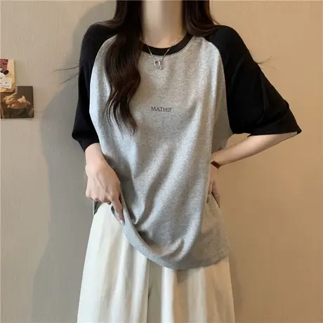 ins超火插肩短袖T恤女士夏装纯棉宽松显瘦韩版撞色半袖上衣体恤潮商品大图