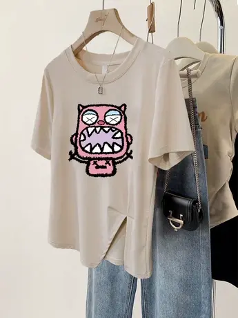 不规则开叉T恤女2023新款夏复古高级感短袖潮ins减龄印花学生上衣商品大图