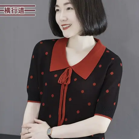 2024夏季新款简约韩版翻领蝴蝶结波点针织短袖上衣女大码妈妈外穿商品大图