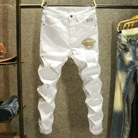 春秋白色牛仔裤男潮牌2023年新款小脚修身裤子欧洲站刺绣直筒厚款商品大图