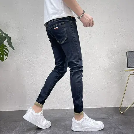 2023秋冬新款百搭纯蓝色修身小脚裤男潮流拼接铅笔裤微弹牛仔长裤商品大图